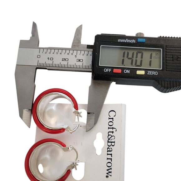 Croft & Barrow Red Silver Hoop Earrings Pierced 1.43in Resin Metal, Gift Bag - Picture 6 of 6